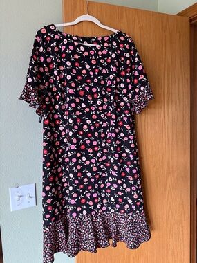 Talbots Black Floral Shift Dress with Pink & Coral Blooms